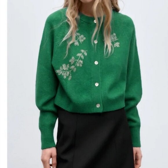 Green Zara Wool-Mix Bead Embellished Cropped Button-Front Sweater Cardigan (NWT) - Picture 7 of 10